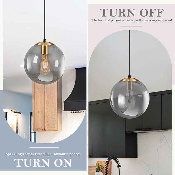 KoKo&Yukina 10 Inch Pendant Light Glod Globe Pendant Lights Kitchen Island Mid Century Light Fixture Adjustable Globe Cluster Lights with Grey Glass Shade for Dining Room Living Room