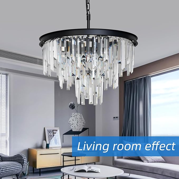 20'' Modern Crystal Chandelier, Black Round Ceiling Light with Clear Prisms, Luxury Flush Mount Lighting Fixture for Dining Room Bedroom Foyer