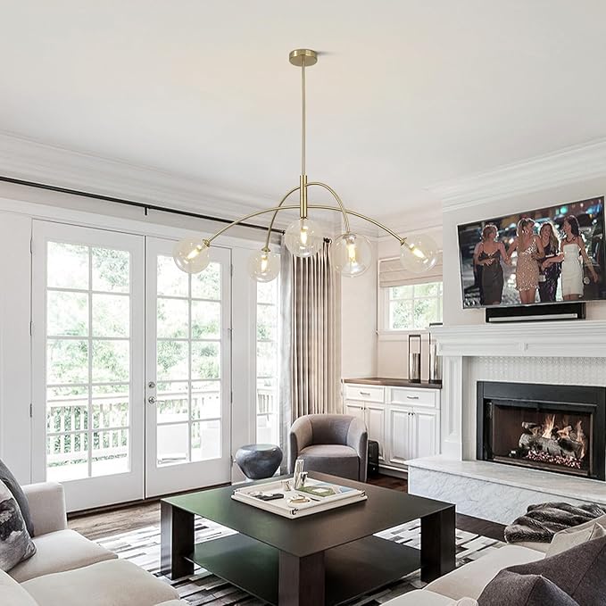 Mid Century Modern Sputnik Chandelier 5-Light Gold Glass Ceiling Light Large Brass Chandelier for Dining Room Kitchen Bedroom