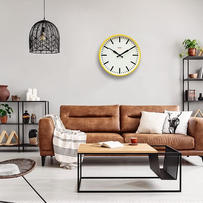 Cloudnola Station Metal Wall Clock, Yellow and Black, 18 inch Diameter, Silent Non Ticking, Battery Operated Quartz Movement