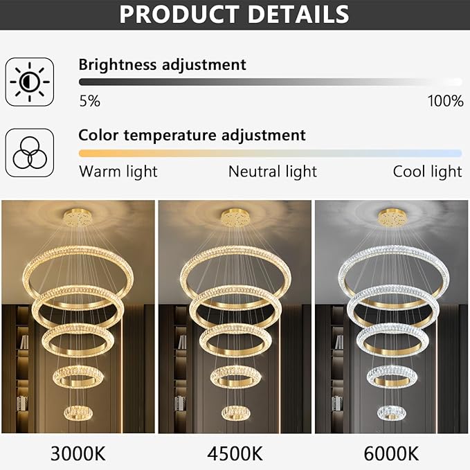5 Ring Large Crystal Chandelier Modern LED Dimmable High Ceiling Chandelier Ring Contemporary Pendant Light Fixture for Living Room Foyer Staircase Gold D40''