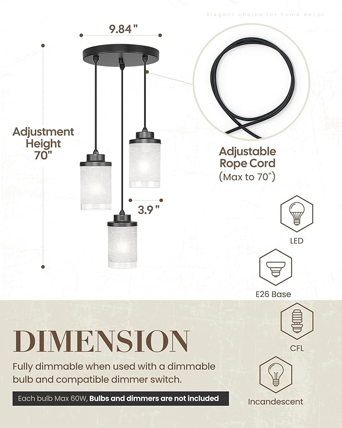 TENGXIN 3-Lights Modern Pendant Light with Glass Shade Matte Black Pendant Lighting Adjustable Industrial Retro Style Hanging Light Fixture for Kitchen, Farmhouse
