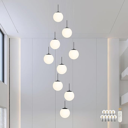 KoKo&Yukina 9-Light Globe Milky White Glass Pendant Light Adjustable Length Pendant Lights Modern Glass Globe Pendant Lights Black Chandeliers Large Chandeliers for High Ceilings (Bulb & Remote Incl)