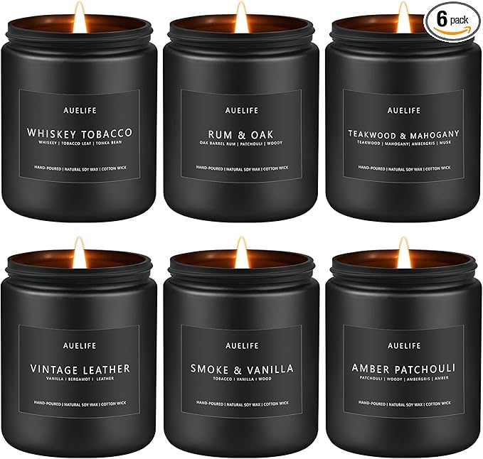 Scented Candles Set | Gifts for Men - 6Pack Candle Set - Masculine Candle, Soy Candles for Home Scented, Aromatherapy Gift - Fragrance of Smoke Vanilla/Leather/Mahogany/Tobacco/Oak/Amber Patchouli