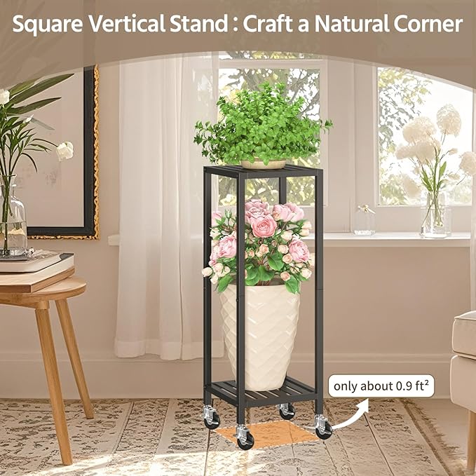 LASZOLA 2 Tier Black Metal Plant Stand Indoor Outdoor with Wheel for Large Planter, Modern Heavy Duty Tall Rolling Rack for Corner House Bathroom Patio Floor, Iron Flower Shelf Holder for Orchid Fern