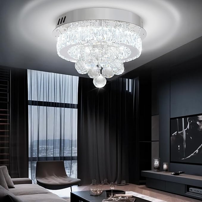 Flashing God 12" Modern Crystal Chandeliers Flush Mount Ceiling Light Silver Chandelier for Hallway LED Dimmable Light Fixture for Dining Room Living Room Bedroom