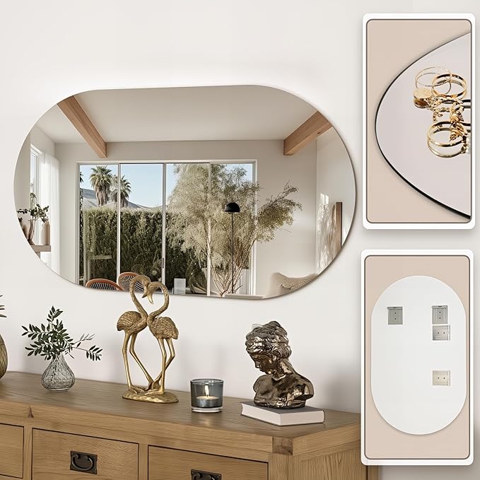 40" x 24" Frameless Mirror Wall Mirror, Modern Oval Bathroom Mirror with Polished Edge, Hang Horizontally or Vertically, for Bedroom Bathroom Livingroom Gym Entryway and More