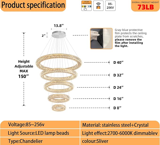 Extra Large LED 5-Ring Crystal Chandeliers for High Ceiling Modern Glam Crystal Ring Chandeliers Living Room Foyer Staircase D8+15.7"+23.6"+31.5"+39.4"