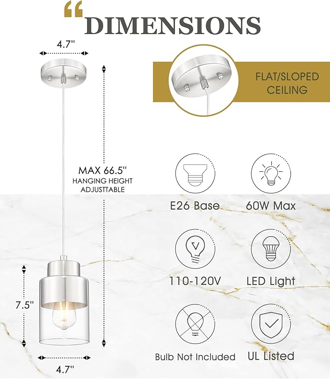 2-Pack Pendant Lights Kitchen Island, Brushed Nickel Dual Shade Hanging Lights Fixtures with Metal and Clear Glass, Kitchen Pendant Lighting Over Island for Dining Room, AD-24022-1P2-SN