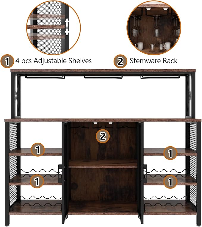 Bar Cabinet, 55 Inches Kitchen Sideboard Buffet Cabinet with Wine Rack Storage, Industry Coffee Bar Cabinet with Wine Rack and Glass Holder for Liquor and Glasses (Rustic)