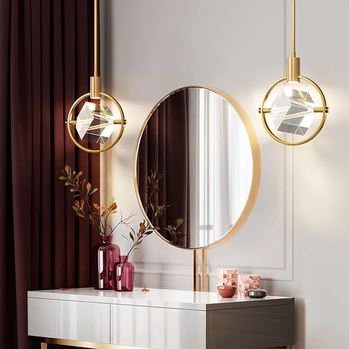 Modern Crystal Pendant Light in Gold Brushed Brass Finish Mini LED Light Fixtures Metal Rod Ceiling Gold Chandelier for Kitchen Island Bedroom Dining Room Bar(1-Lights)