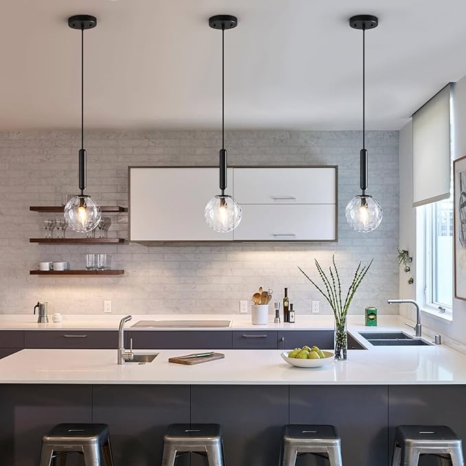 Modern Black Pendant Light Hanging Fixture Light for Kitchen Island Mid Century with Globe Pendant Light Clear Glass Pendant Lighting for Living Room Bedroom Entryway (1 Pack)