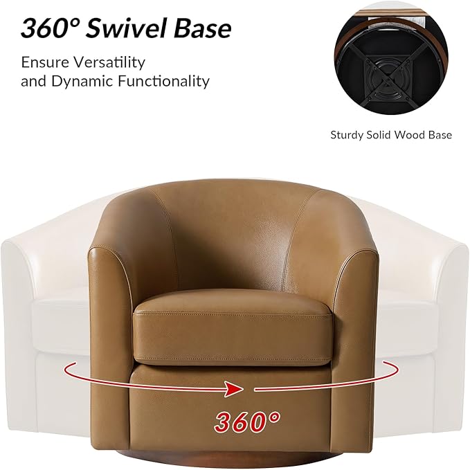 HULALA HOME Genuine Leather Swivel Accent Chairs Set of 2 with Solid Wood Base, Round Swivel Barrel Chairs for Living Room and Bedroom, Camel