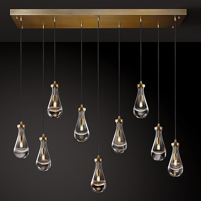 Raindrop 9-Light Chandeliers for Dining Room Gold Dining Room Lights Fixture Over Table, Brass Pendant Lights Kitchen Island, Adjustable Rope Teardrop Hanging Lamp Ceiling for Living Room