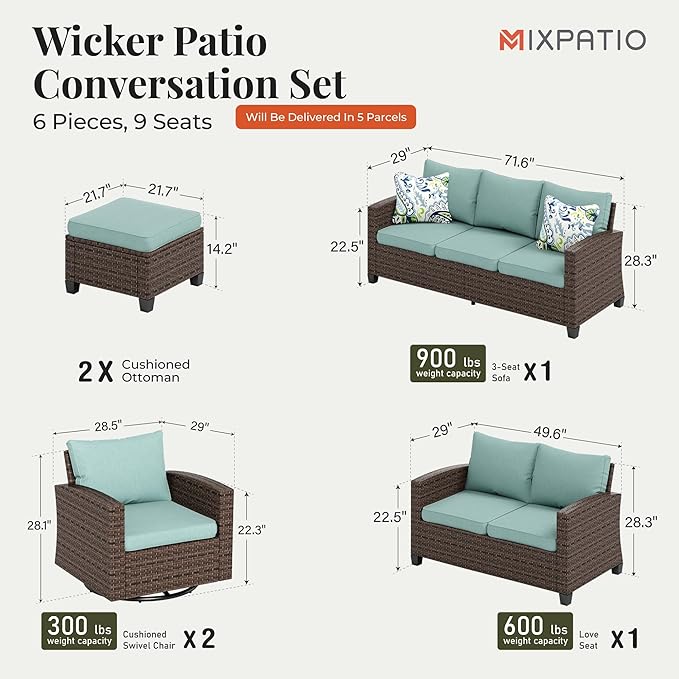 Patio Furniture Set, 6 Pcs Wicker Outdoor Conversation Set, 2 x Swivel Chairs, 1 x 3 Seater Sofa, 1 x 2-Seat Lover Sofa and 2 x Ottomans with 4" Thick Cushion for Garden Backyard Deck, Blue