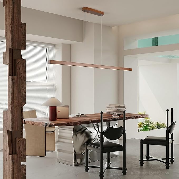 47 Inch Wood Linear Pendant Light Dimmable LED Kitchen Island Lighting with Remote Adjustable Hanging Chandelier for Dining Room Bar Pool Table 30W Modern Farmhouse Fixture Walnut Color