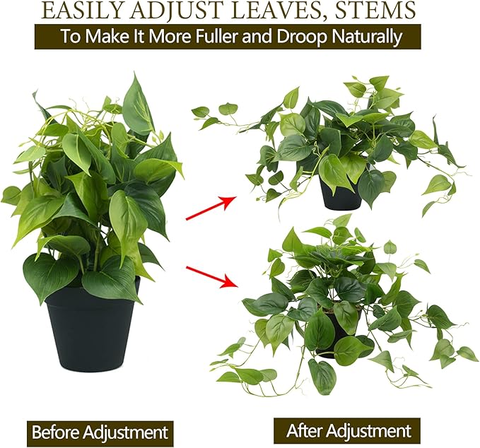 LOYWREE Artificial Scindapsus Aureus Fake Pothos Plants in Black Pots - Realistic Faux Indoor Greenery for Home, Office, Desk, Shelf, Living Room, Bedroom, Balcony, Patio & Garden Decor