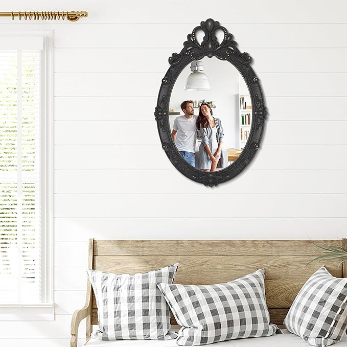 Vintage Black Hanging Wall Mirror Wall Decor 24"x16" Antique Oval Carved Wood Frame Bathroom Mirror Vanity Rustic Wall Mounted Mirrors Decorative Farmhouse Mirrors for Bedroom Living Room