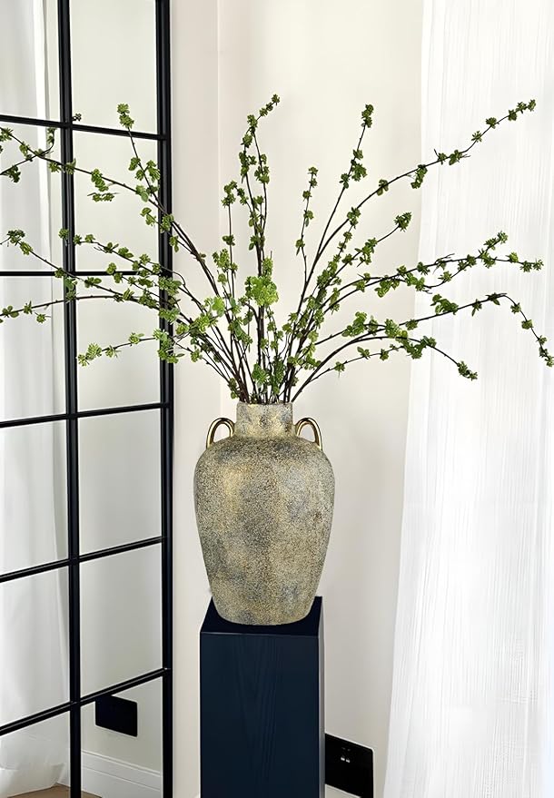 Large Ceramic Vase, 11.2" Tall Rustic Farmhouse Vase, Vintage Flower Vase with 2 Ears, Electroplated Terracotta Boho Vases for Home, Living Room, Shelf, Mantel, Entryway, Wedding, Tabletop Decor