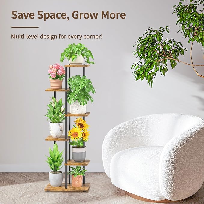 LASZOLA Black 5 Tiered Wood Plant Stand Indoor for Larger Heavy Duty Planter, Sturdy Multi Level Vertical Flowers Racks for Narrow Inside Floor, Decorate Shelving for Hold House Tree, Space Saving