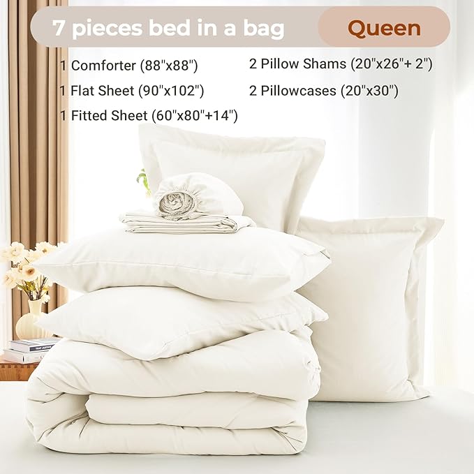 MUXHOMO 7 Pieces Queen Comforter Set, Soft Bed in a Bag Queen Size, All Season Bedding Set with Comforter, Flat Sheet, Fitted Sheet, Pillowcases & Shams, Ivory