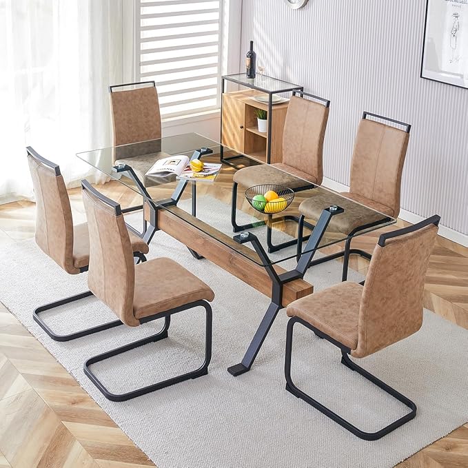 7 Piece Glass Dining Table Set, Kitchen Table Chairs Set for 6, 71'' Dining Table with 0.4" Tempered Glass Tabletop with Plated Metal Legs and MDF Crossbar, 6 PU Chairs for Dining Room, Kitchen.