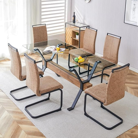 7 Piece Glass Dining Table Set, Kitchen Table Chairs Set for 6, 71'' Dining Table with 0.4" Tempered Glass Tabletop with Plated Metal Legs and MDF Crossbar, 6 PU Chairs for Dining Room, Kitchen.