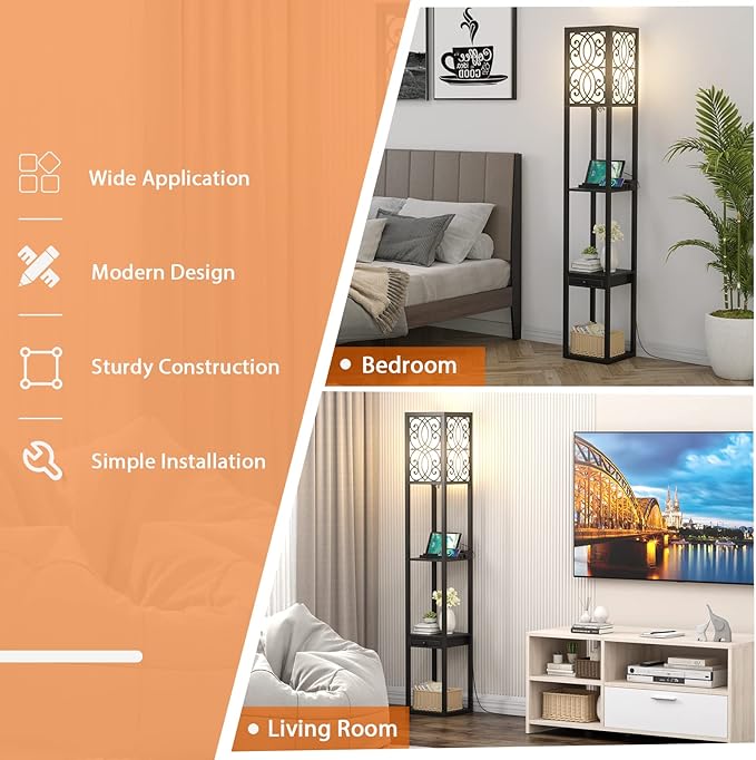 Tangkula floor lamp with Shelves and Drawer, Modern with 1 Power Outlet and 2 USB Ports, Standing for Living Room and Bedroom, Black (Carved)