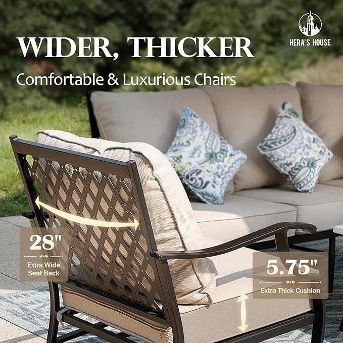 HERA'S HOUSE 6 Piece Patio Furniture Set, 2 x Swivel Chair, 2 x Fixed Chair, 1 x 3-Seat Sofa with Marbling Coffee Table, All Cushioned Outdoor Conversation Set for Lawn Garden Backyard