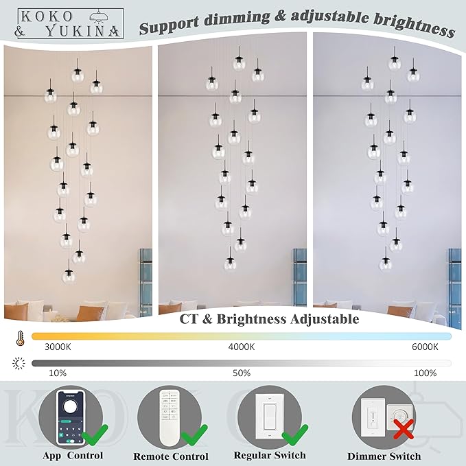 KoKo&Yukina 16-Light Black Mid Century Modern Chandelier for Living Room Staircase Chandelier for Entryway Clear Globe Glass Chandelier High Ceiling Chandeliers Foyer Entryway (Bulb & Remote Incl.)