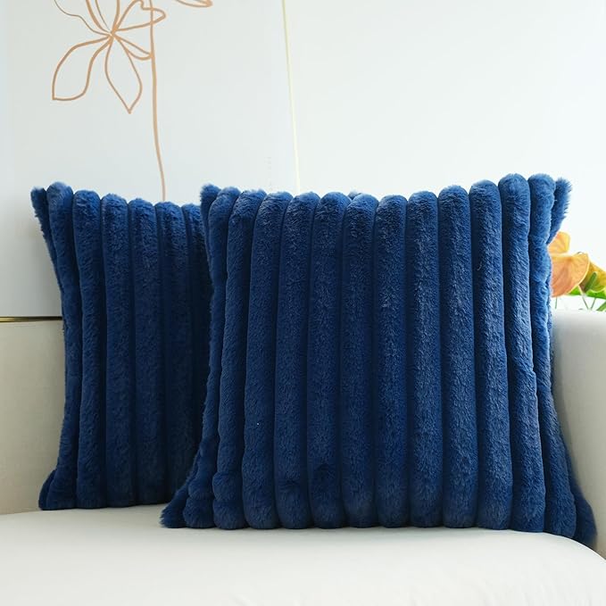 JOJUSIS Pack of 2 Faux Fur Plush Decorative Throw Pillow Covers Couch Cushion Case Soft Pillowcases (Navy Blue, 18 x 18-Inch)