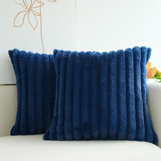 JOJUSIS Pack of 2 Faux Fur Plush Decorative Throw Pillow Covers Couch Cushion Case Soft Pillowcases (Navy Blue, 18 x 18-Inch)