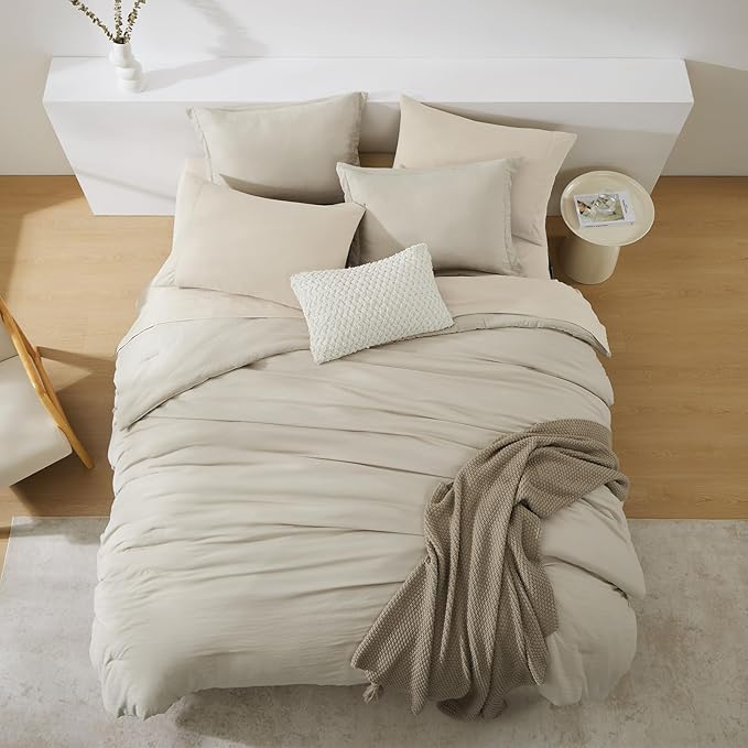 WRENSONGE Light Oatmeal Queen Comforter Set, 7 Pieces Soft Microfiber Comforters Queen Size with Fitted Sheet, Flat Sheet, 2 Pillow Shams, and 2 Pillowcases- Warm Bedding Sets Queen for All Season