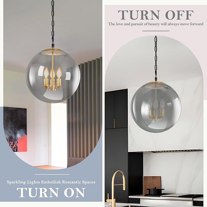 KoKo&Yukina 13.7 Inch Globe Pendant Light Adjustable Gold Globe Pendant Lights Kitchen Island Mid Century Light Fixture with Grey Glass Shade for Living Room