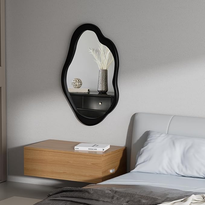 Wavy Mirror with Wood Frame, Modern Decorative Asymmetrical Mirror for Bedroom, Living Room, Entryway (Black, 24x15)