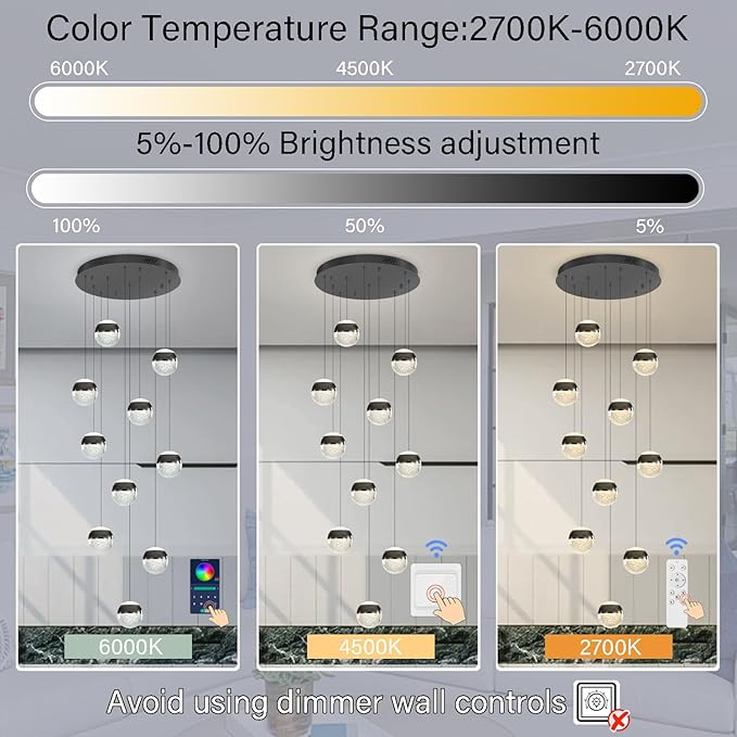 Staircase Chandelier Crystal Globe Pendant Light Black Large Chandeliers for High Ceiling,10-Lights Hanging Flush Mount Lighting Fixtures for Foyer,Entryway,Living Room