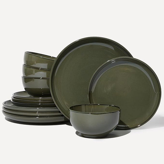 Santorini Mist Terracotta Reactive Glaze Plates and Bowls Sets, Stoneware Dinnerware Sets, Microwave and Dishwasher Safe Ceramic Dish Set Service for 4, Blackish Green