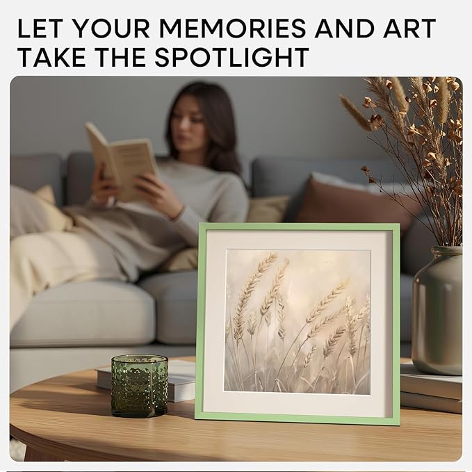 Homeforia 10x10 Picture Frame Sage Green, High End Metal 10 by 10 Square Frames with Mat 8 x 8 Photo, 10by10 Poster Frame Matted to 8x8 Art, Wall or Tabletop Frames, Tempered Glass, Wall Kit, Set of 1