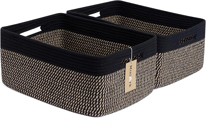 Large Storage Baskets for Shelves, Closet Organizers Bins for Clothes Blanket Towels, Baby Nursery, Toy Baskets Box, Woven Rope Baskets, 17 x 13 x 7.5”, 2 Packs Woven Brown