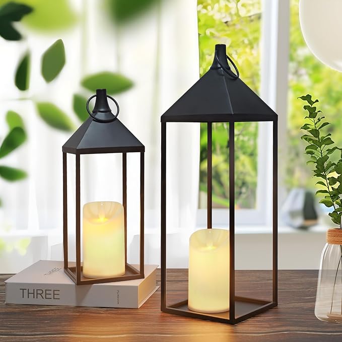 17" 13" Modern Farmhouse Candle Lantern Decor Set of 2 Black Metal Candle Lanterns with Flameless Candles, Lanterns Decorative Indoor for Fireplace Mantle Table Outdoor Lanterns for Patio Porch Garden