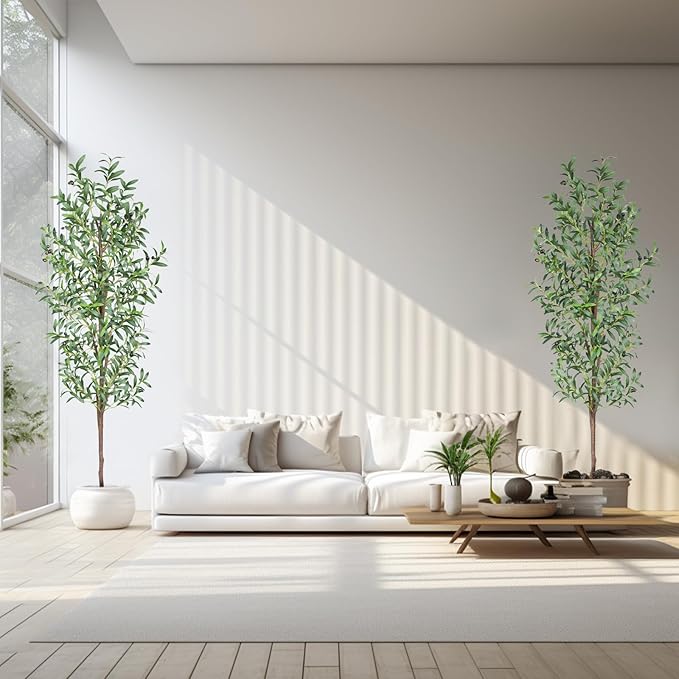 Artificial Olive Tree, 6FT Tall Faux Olive Trees 72in Outdoor Fake Potted Silk Plant with Trunk and Realistic 648 Leaves and 24 Fruits for Modern Office Home Decor Indoor 2Pack