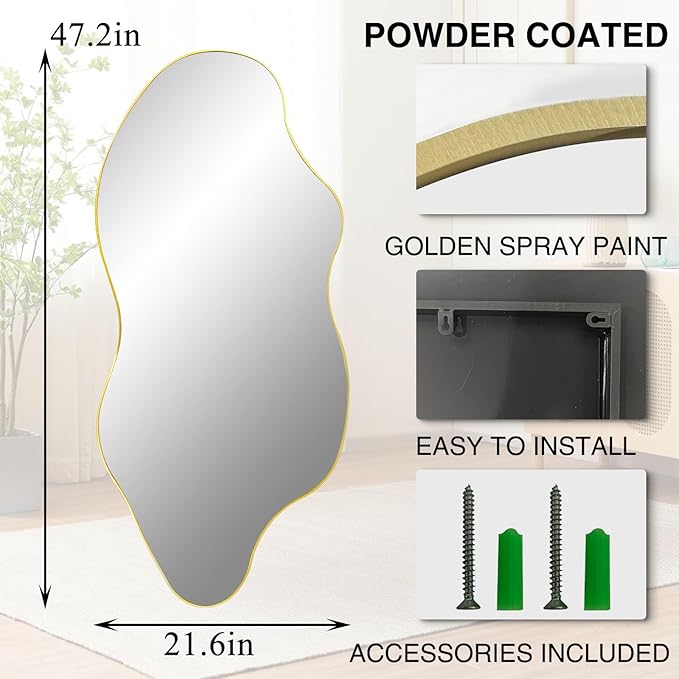 Irregular Wall Mirror, Gold Asymmetrical Mirrors, 47.2"x21.6" Large Wavy Shaped Mirror, Modern Frameless Decorative Mirrors for Living Room Bathroom Bedroom Hallway Entryway Fireplace