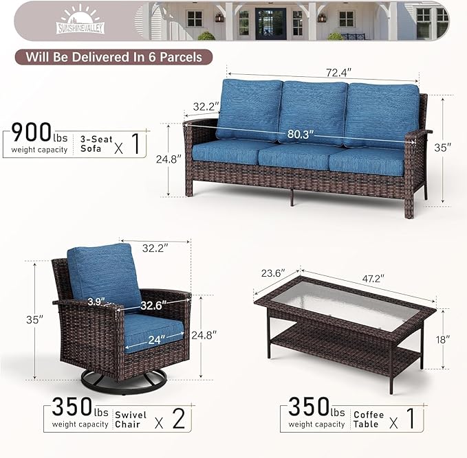 Patio Furniture Set with Swivel Chairs, High Back Wicker Rattan Furniture with 5.5" Thick Cushions and Coffee Table, Outdoor Conversation Set for Backyard Deck,5 Seats, Blue