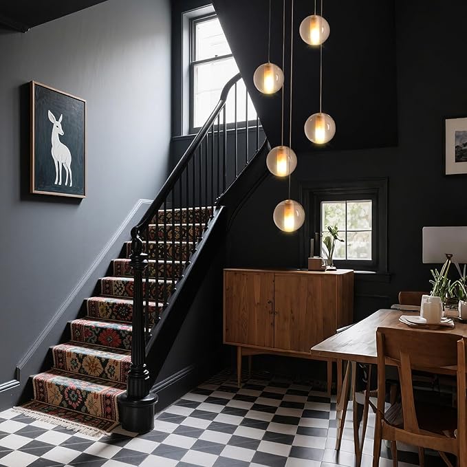 Modern Black 5 Lights Crystal LED Chandelier Raindrop High Ceiling Cluster Pendant Light Crystal Ball Hanging Lighting for Living Room Staircase Entryway Foyer Dining Room, H118" including Bulbs