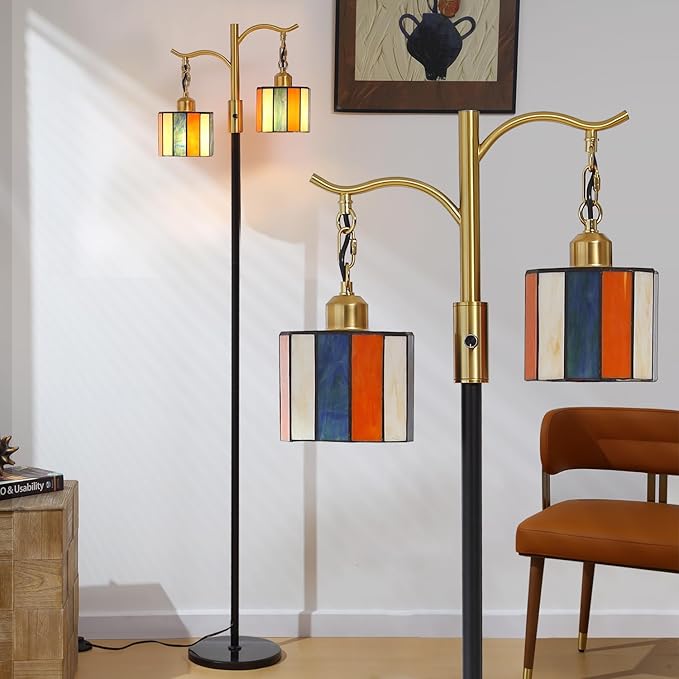 Vintage Dimmable Floor Lamp, Tiffany Standing Lamp with 2 Stained Glass Shades, Rustic Farmhouse Floor Lamp with Black and Gold Finish for Living Room Bedroom