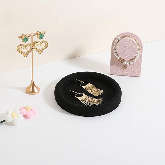 GemeShou Round Jewelry Organizer plate, Top Microfiber velvet Jewerly display tray, Empty Jewelry showcase tray for Necklace Bracelet Ring Earring display stand holder (Black-Small, 5.9 x 5.9 in)