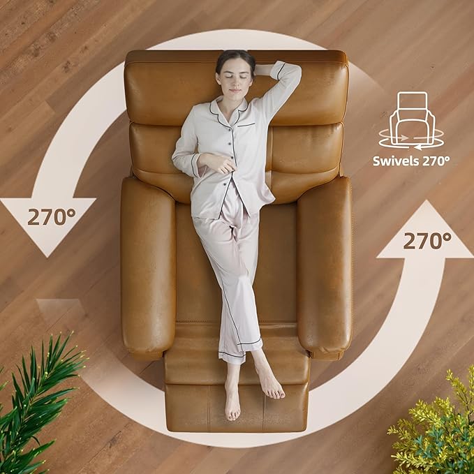 Overized Power Swivel Rocker Recliner Chair,PU Leather Sofa Reclining for Adults,Adjustable Rocker Reclining Sofa Lounge with USB&Type-C Ports,Side Pocket,for Living Room,Light Brown