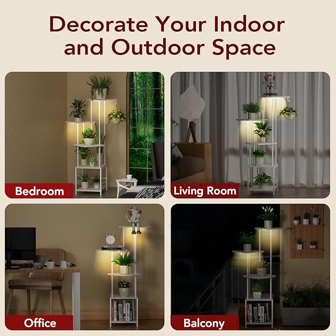 Plant Stand Indoor with Grow Light, 5-Tiered Tall Plant Stand Indoor, Metal Plant Shelf with Hanging Basket Hook and Adjustable Light, Ideal for Living Room, Garden, (2 Patio white)