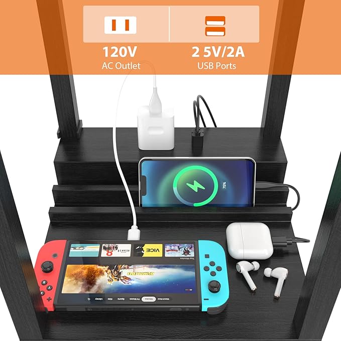 Tangkula Floor Lamp with Shelves and Drawer, 1 Power Outlet & 2 USB Ports, Modern Shelf Standing Light for Living Room Bedroom, Black (Glossy)