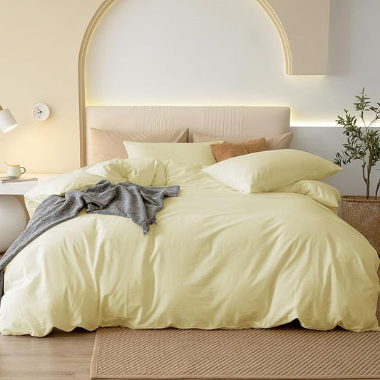 JIYUAN 100% Washed Cotton Duvet Cover Set 3 Pieces Queen, 1 Duvet Cover 90x90 Inches(Comforter Not Included) and 2 Pillowcases,Linen Feel Bedding Set Comfy and Breathable,Light Yellow